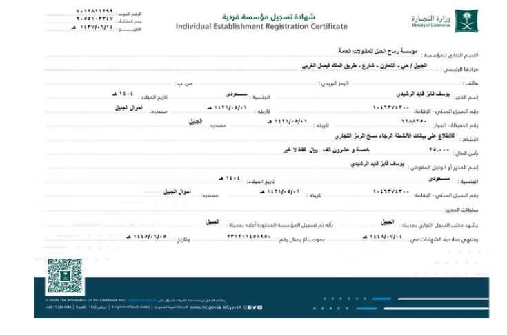 Individual Establishment Registration Certificate